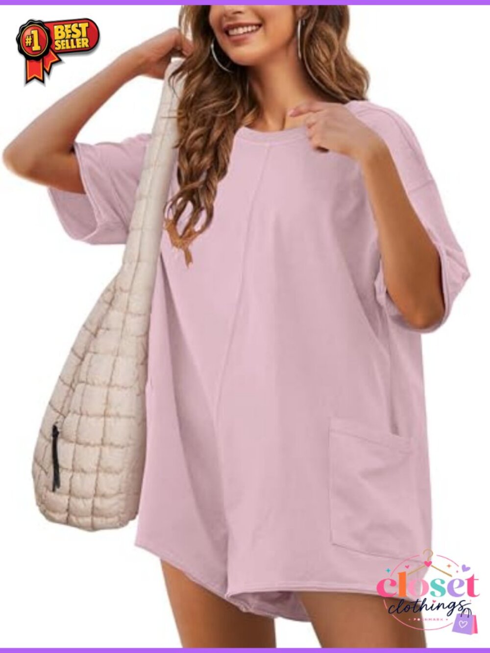 Womens Oversized Short Sleeve Romper Casual Loose Fit One Piece with Pockets